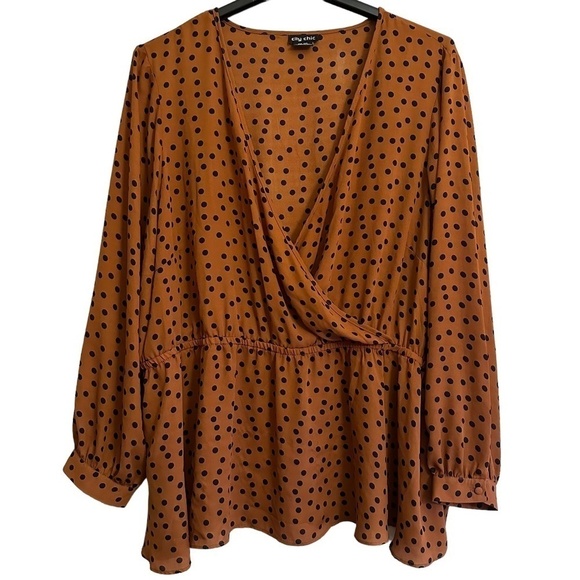 City Chic Women's Size XXL/24 Dotty Caramel and Black Wrap Top - Picture 2 of 11